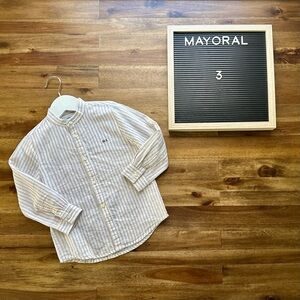 Mayoral Mandarin Collar Striped Cotton Linen Long Sleeve Button Down Shirt 3